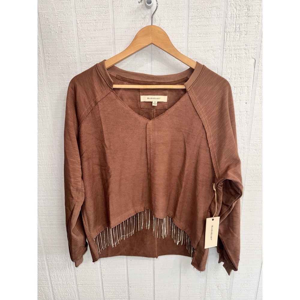 Bluevelvet Sweatshirt Women Brown Rhinestone Fringe Cropped M